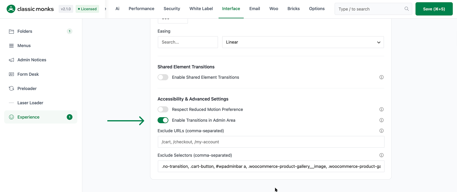 Enable transitions in admin area