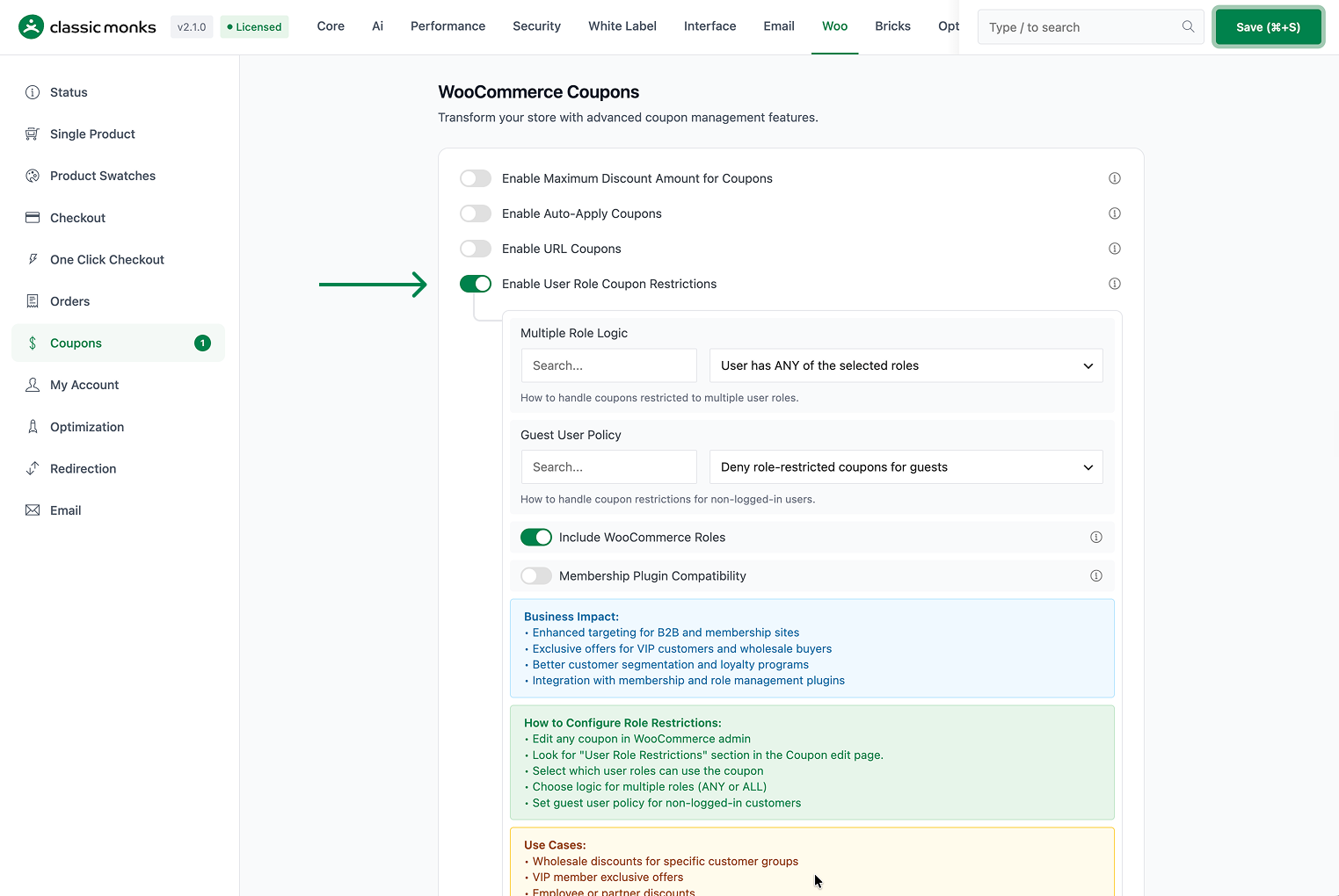 WooCommerce coupon role restrictions enabled.