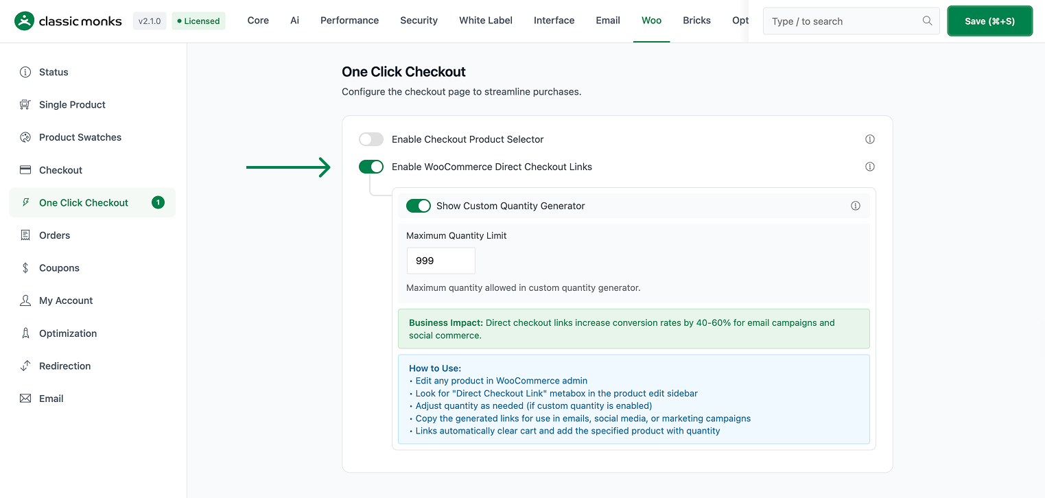 How to Add a Quantity Input to the WooCommerce Checkout One Click Checkout settings enabled