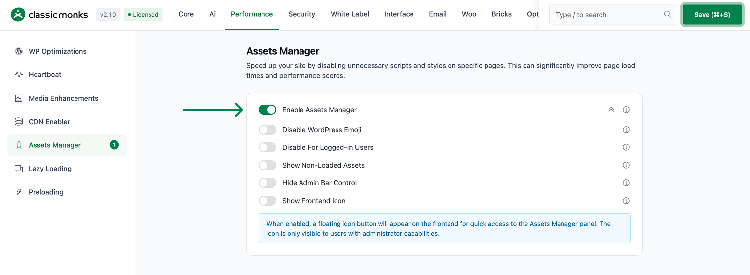 Enable Assets Manager toggle