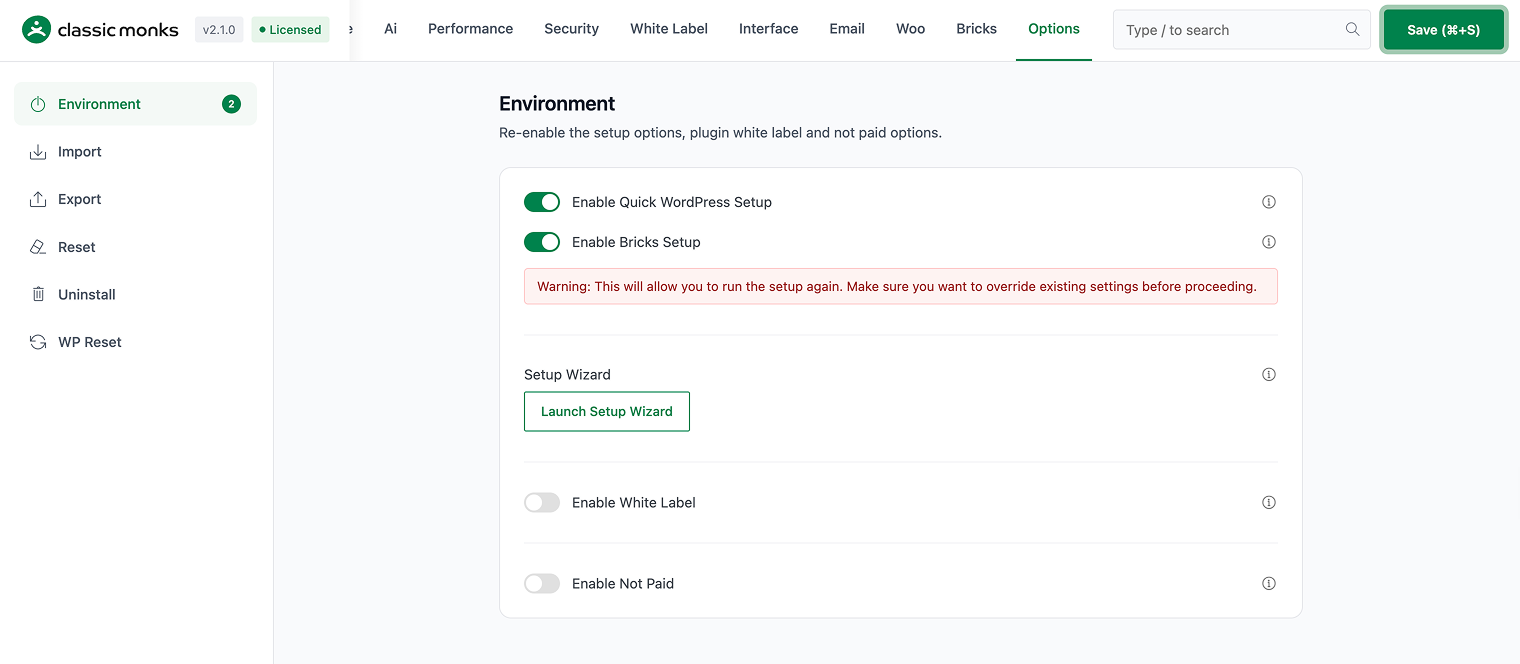 Environment setup options enabled.