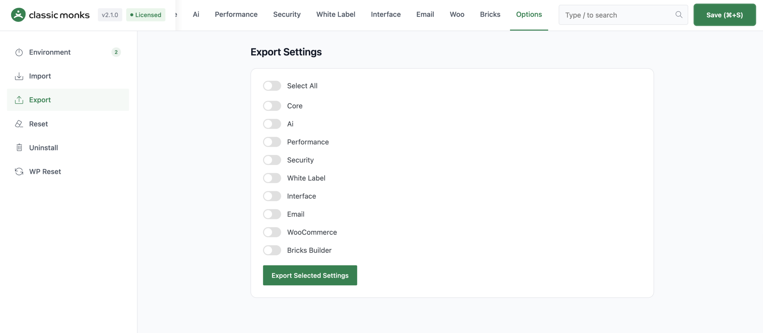 Export selected settings