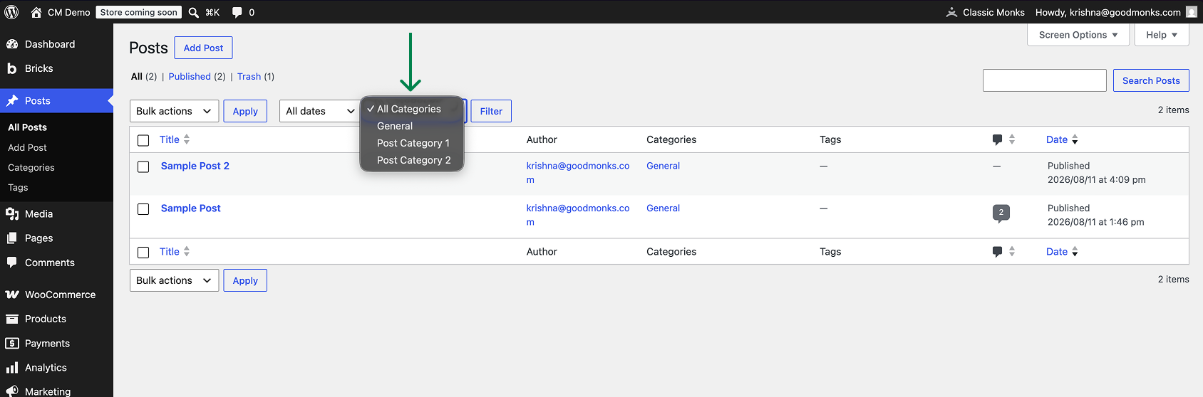 WordPress admin posts screen showing a dropdown menu for filtering posts by category with options All Categories, General, Post Category 1, and Post Category 2. Two sample posts are listed with author, categories, tags, comments, and published dates.