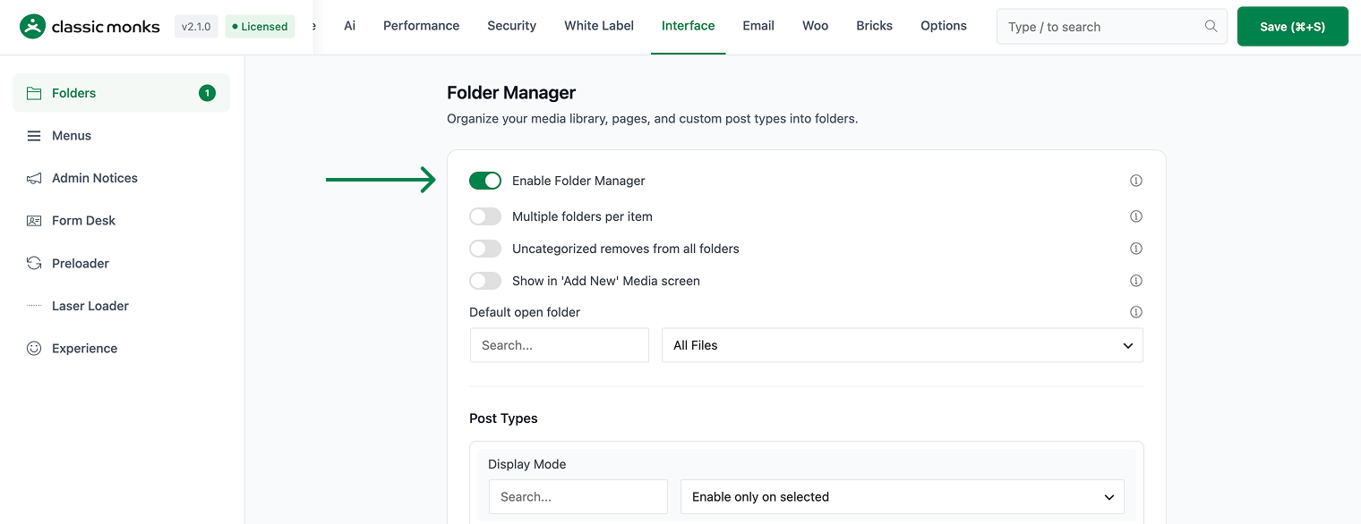 Enable folder manager settings