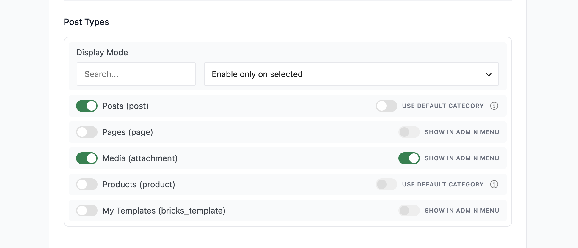 Post types display settings