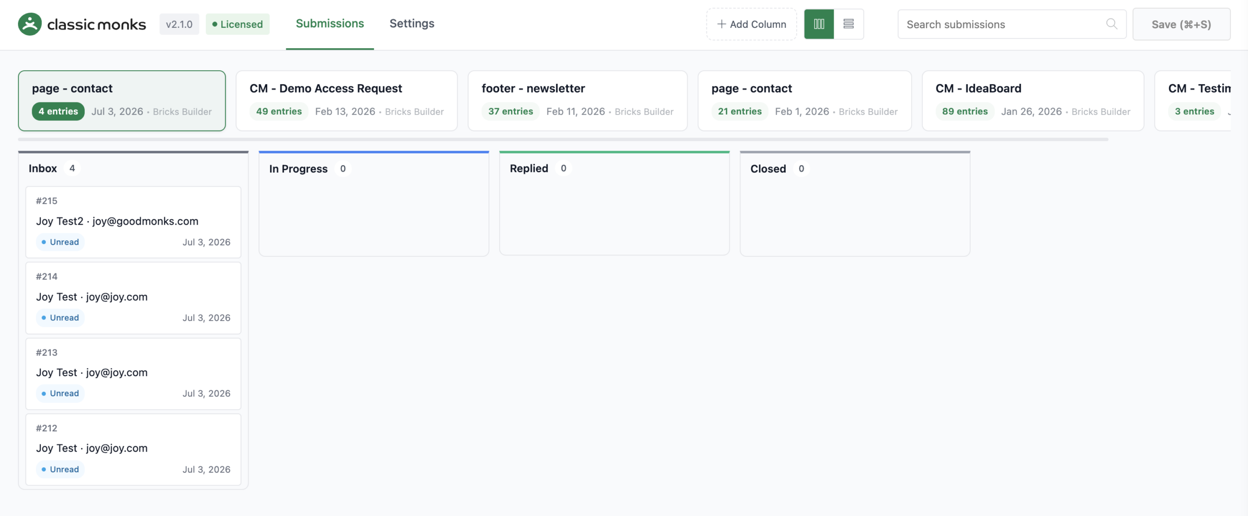 Submission entries dashboard view