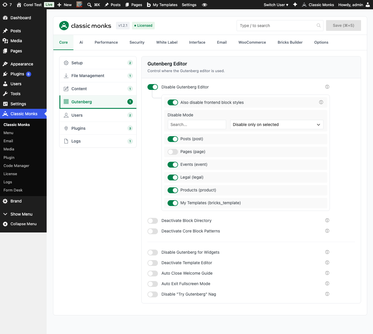 Classic Monks Gutenberg Editor Settings