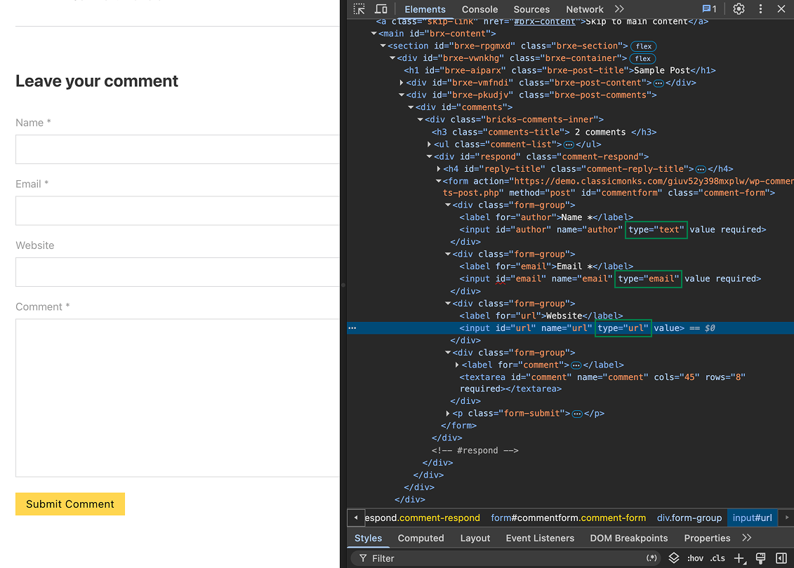 Comment form with fields for Name, Email, Website, and Comment, and a Submit Comment button.