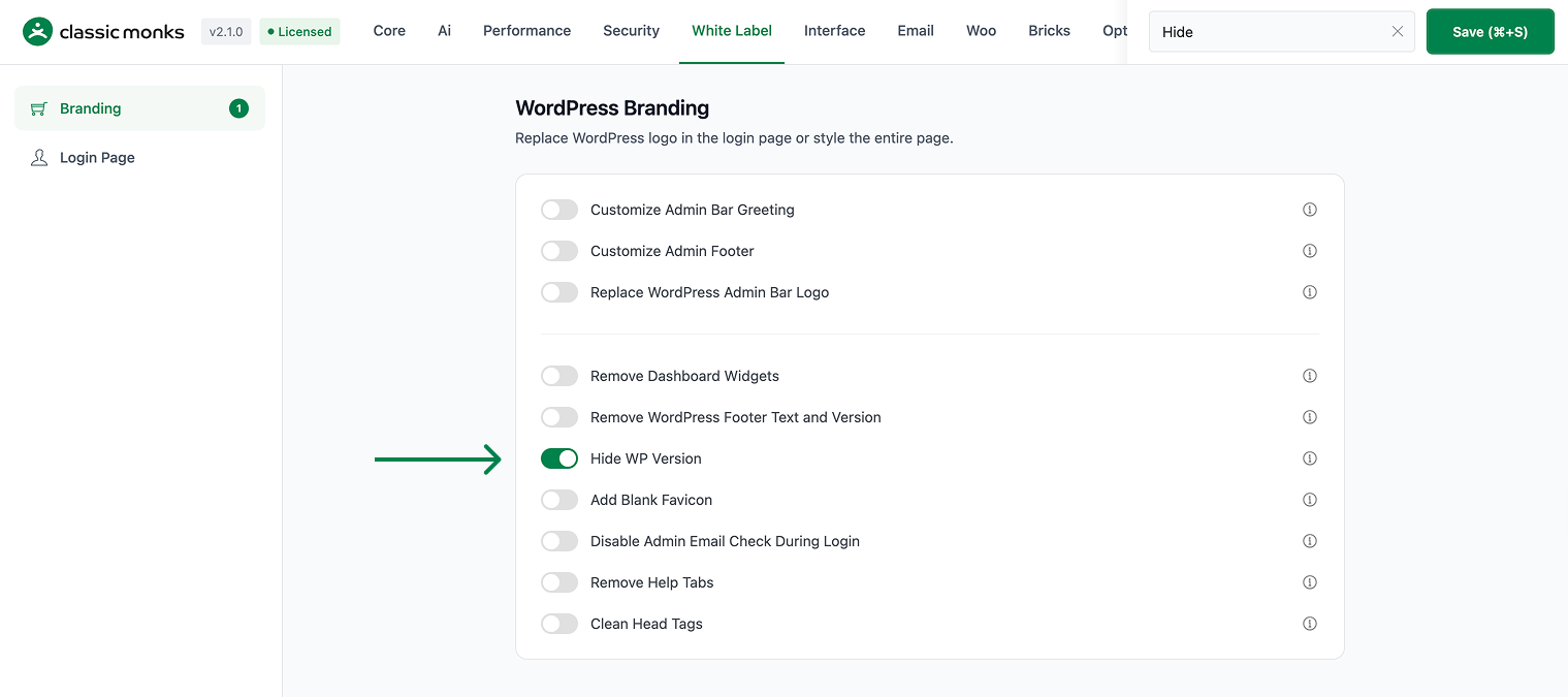 Hide WP version toggle