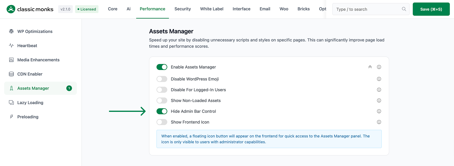 How to Hide the Assets Manager Panel in WordPress Assets Manager settings enabled