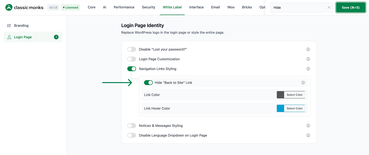 Hide "Back to Site" link styling.