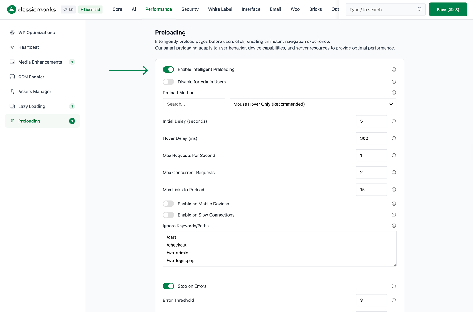 Preloading settings interface