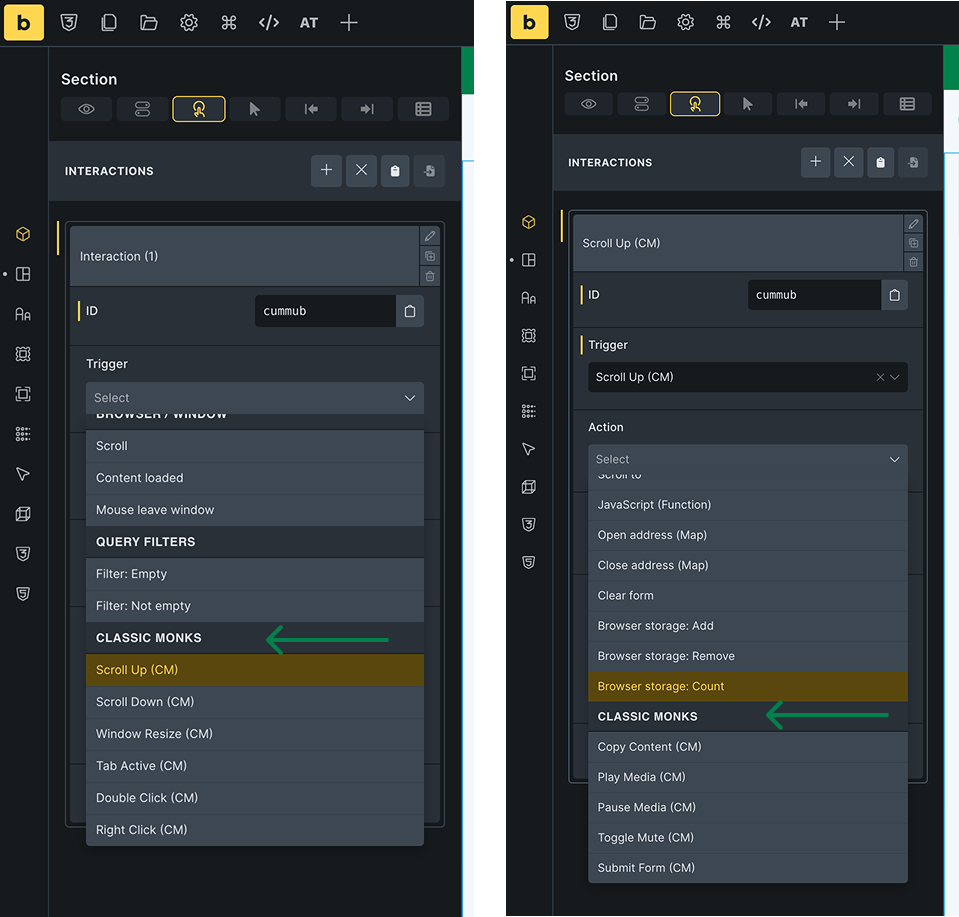 Screenshot of a web interface showing interaction settings with dropdown menus for selecting triggers and actions, highlighting options under the "CLASSIC MONKS" category.