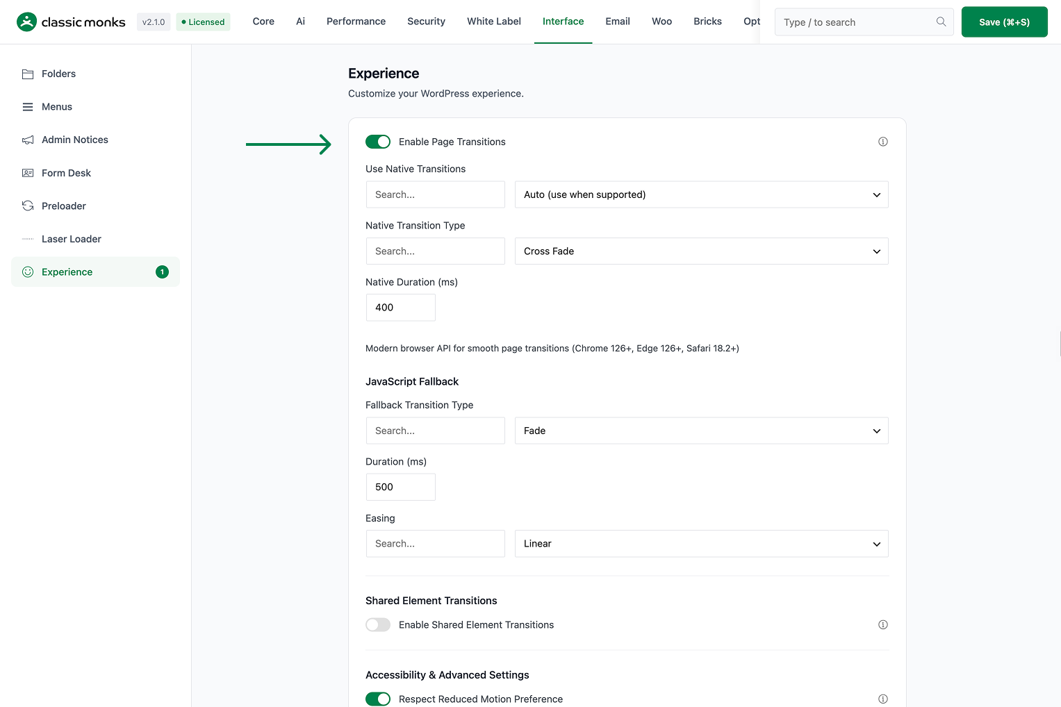 WordPress interface experience settings