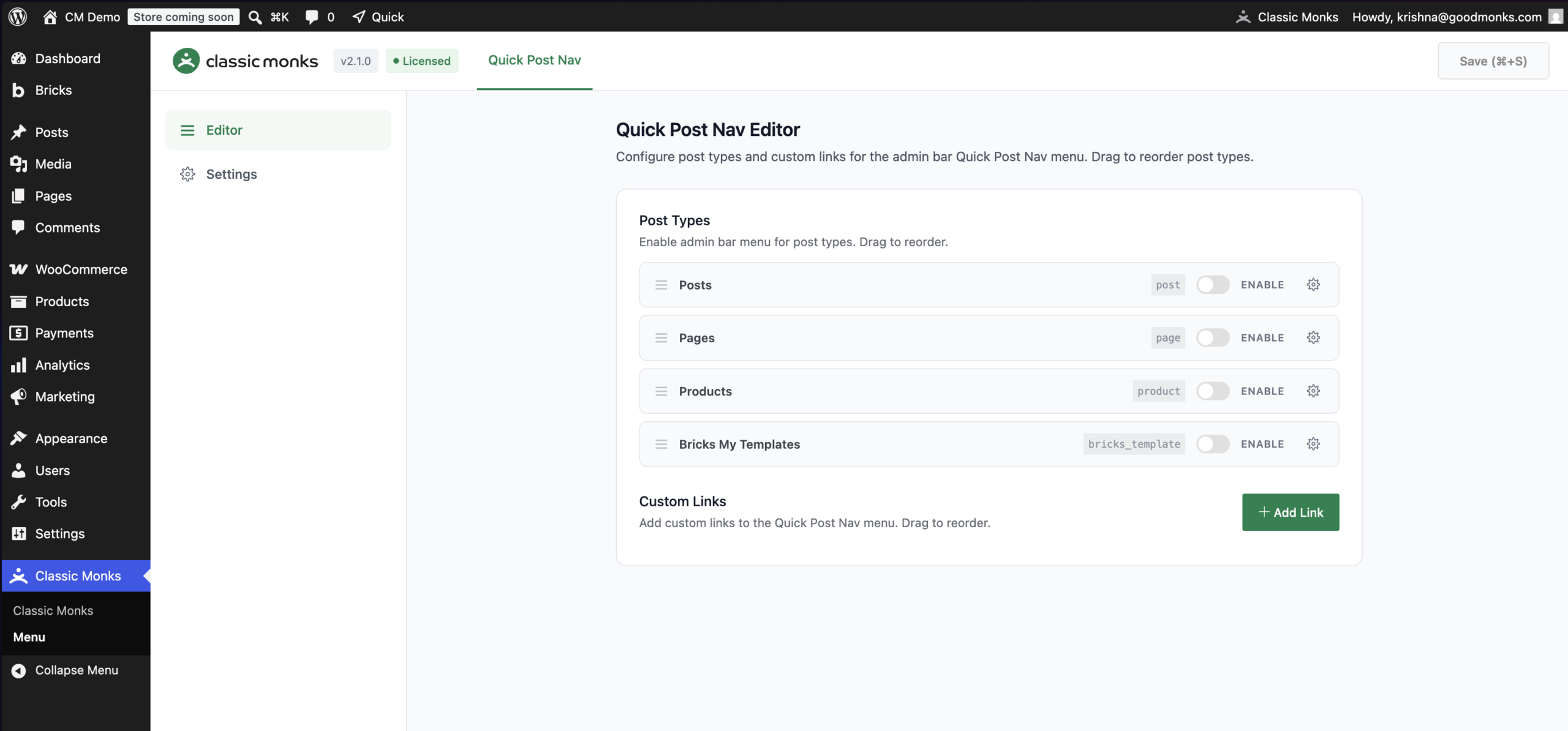 Quick Post Nav editor screen