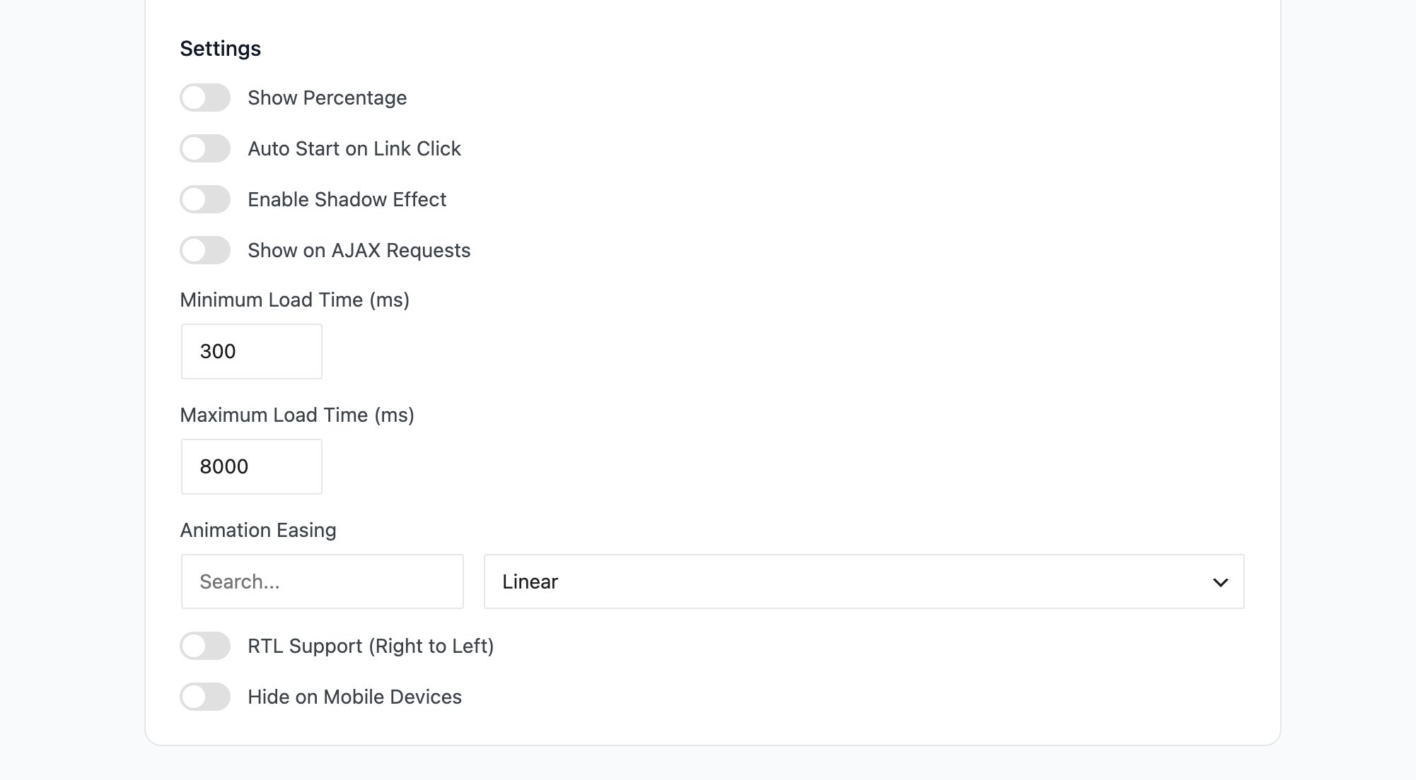 Website settings and options.