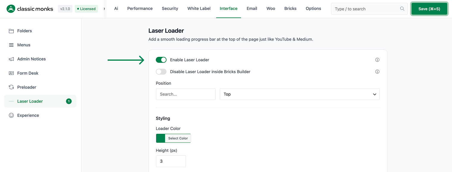 Laser Loader settings interface