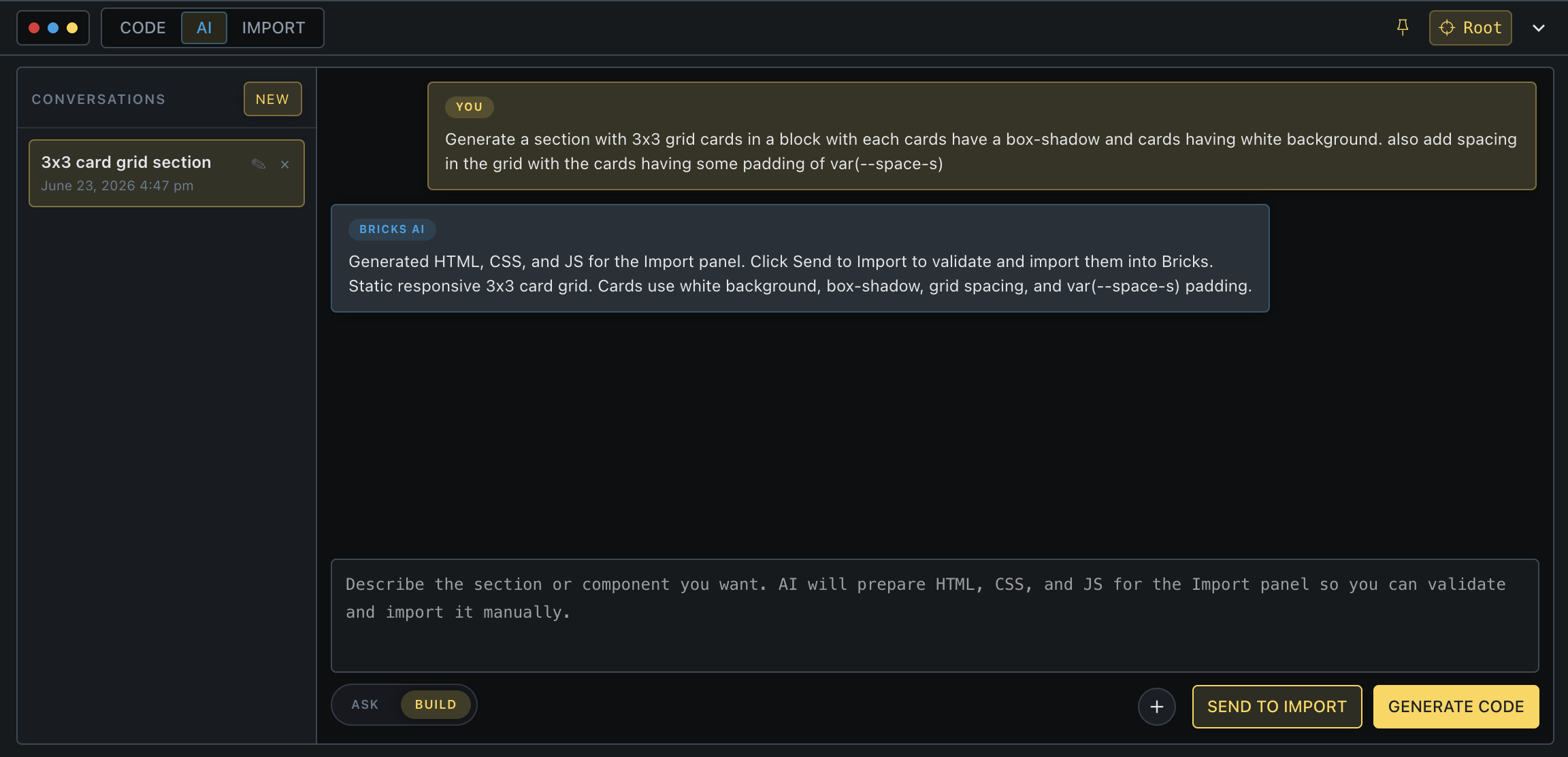 Screenshot of a dark-themed AI code generation interface showing a conversation about creating a 3x3 card grid section with white background, box-shadow, grid spacing, and padding using CSS variables.