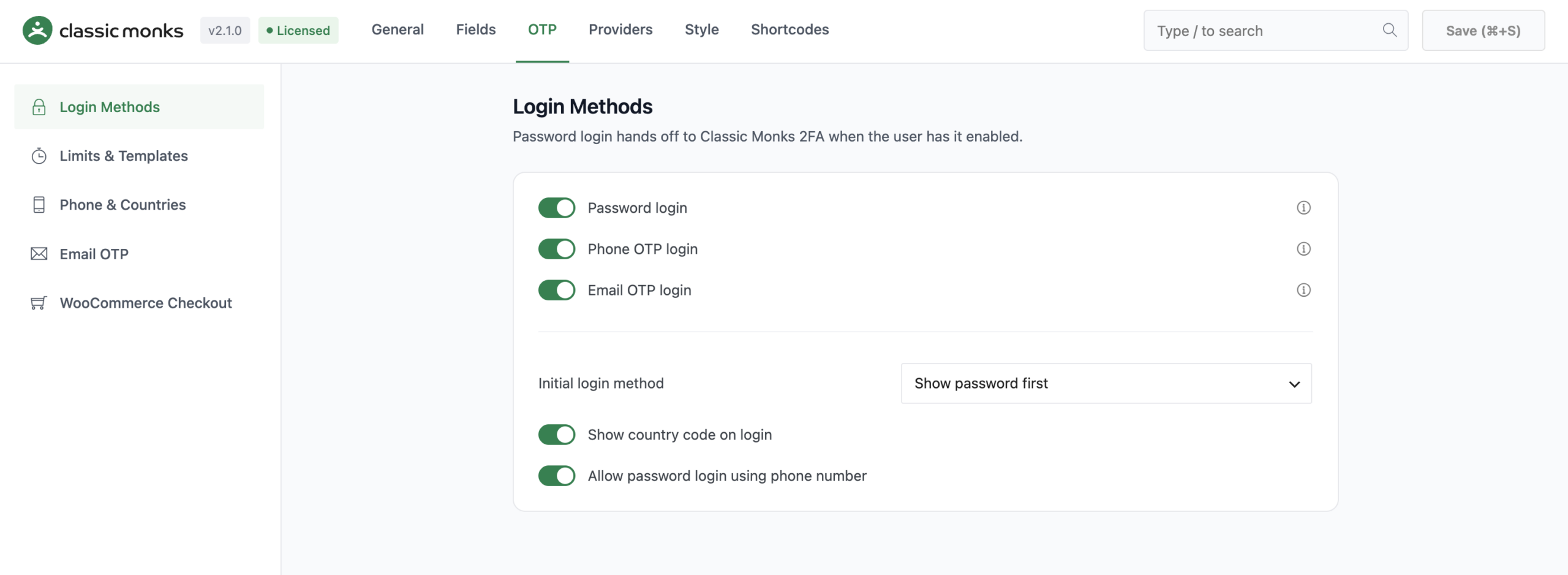 Login Methods Settings