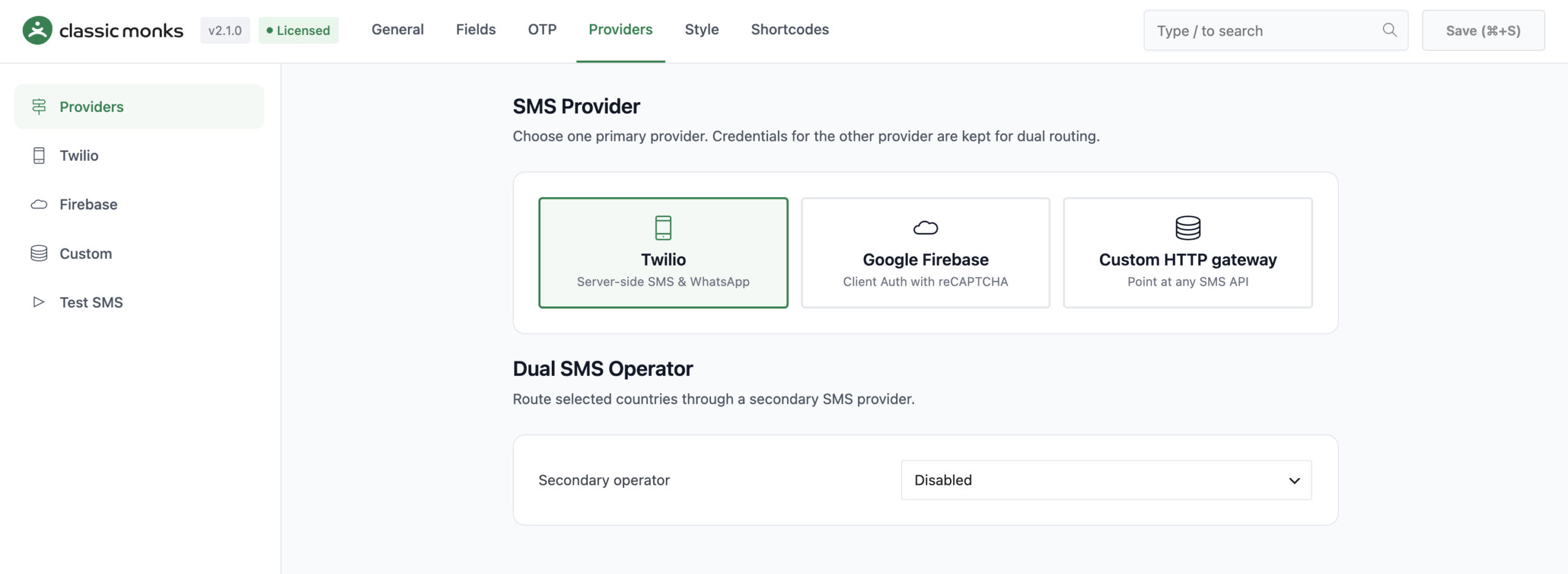 Screenshot of Classic Monks plugin settings on the Providers tab showing SMS Provider options with Twilio selected, and Dual SMS Operator dropdown set to Disabled.