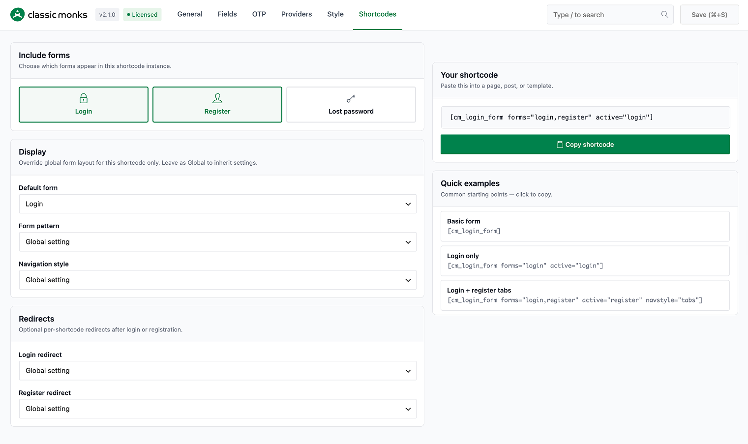 Login form settings example
