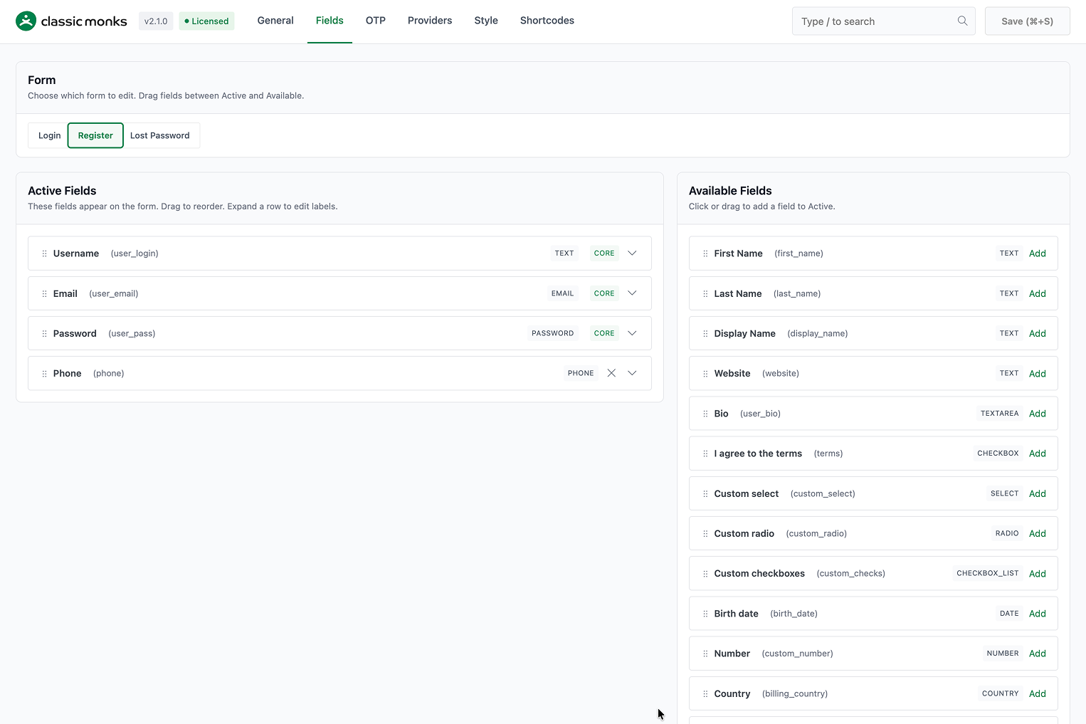 Form fields management interface