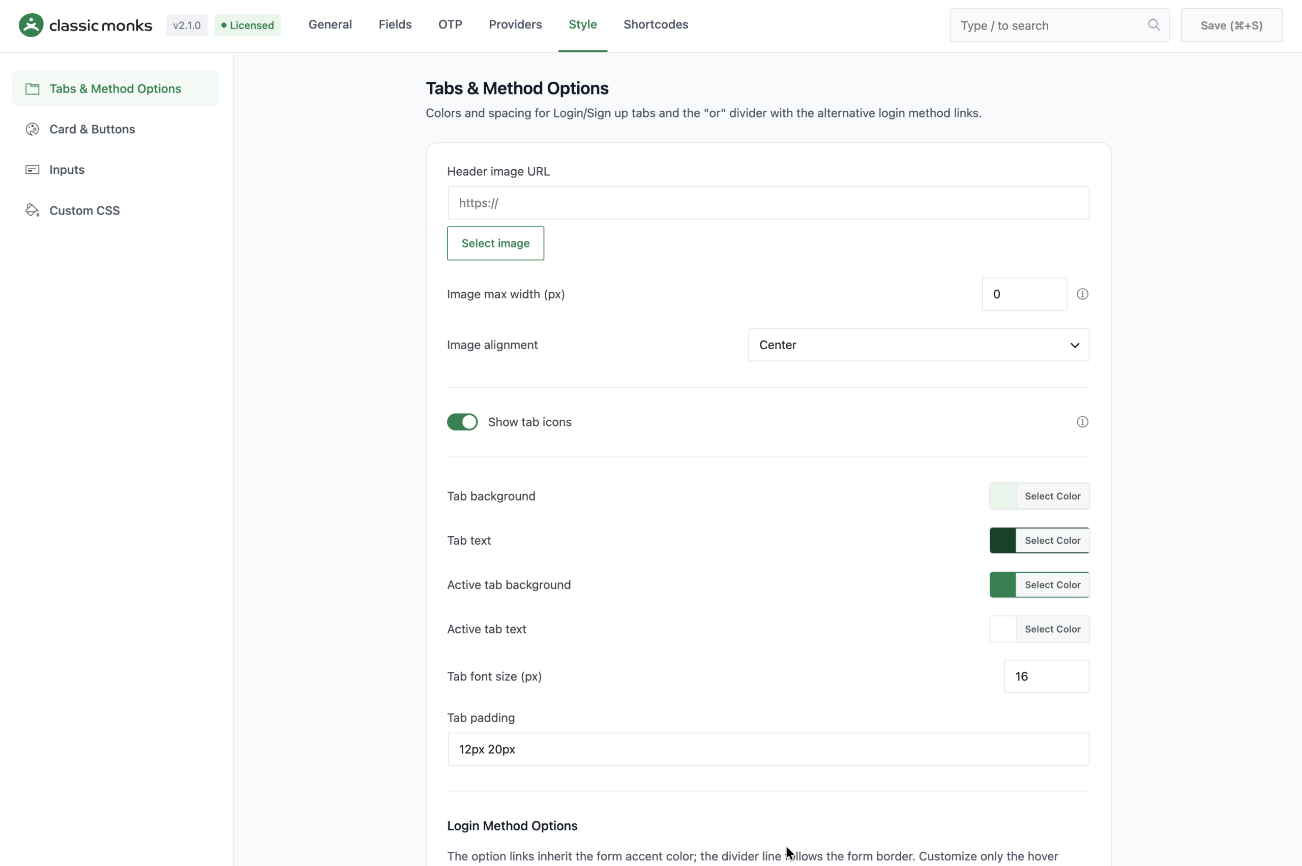 Settings page of Classic Monks WordPress plugin showing the Style tab with options for customizing tabs and method options including header image URL, image alignment, tab colors, font size, and padding.
