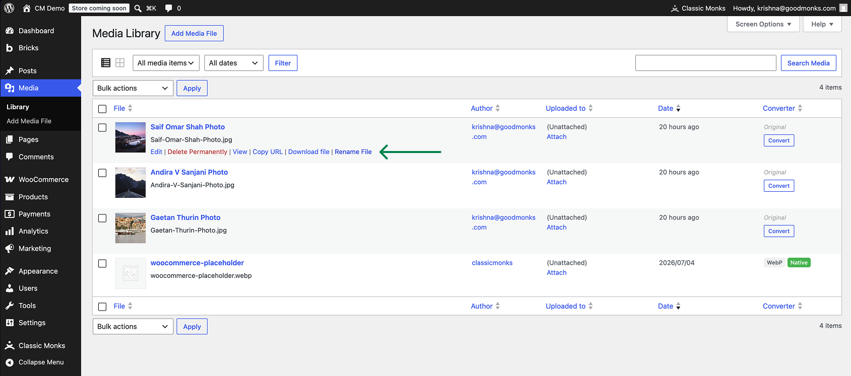 WordPress Media Library Photos