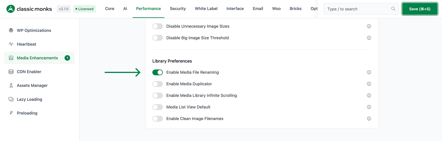 Media Enhancements settings enabled