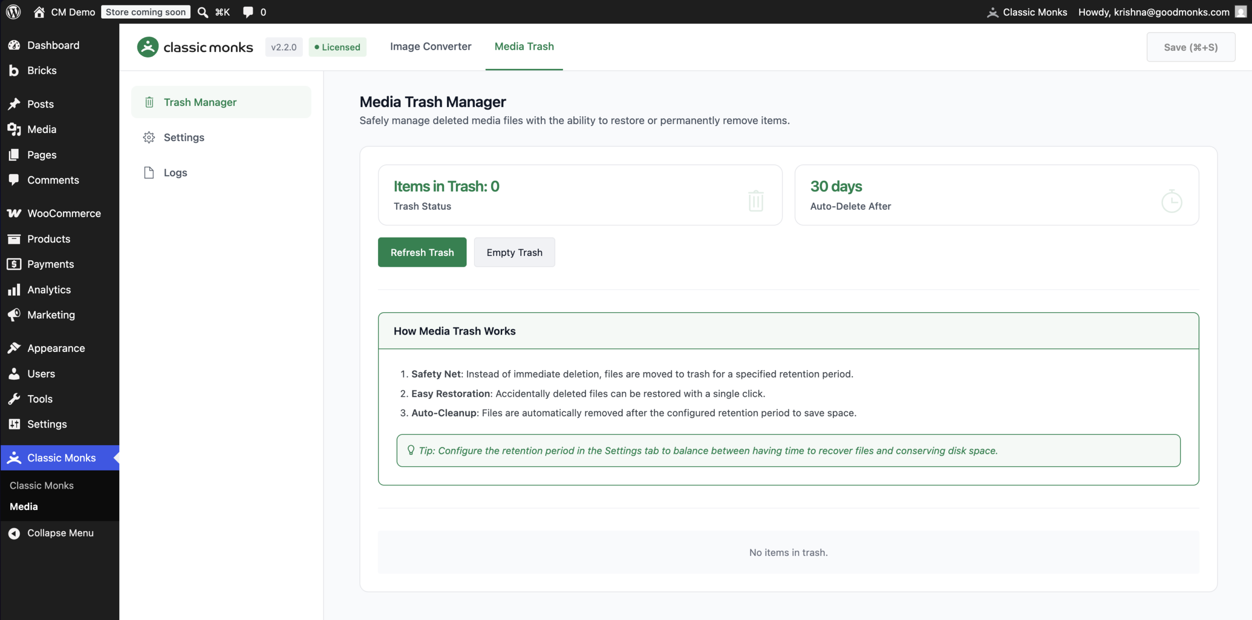 Media trash manager dashboard