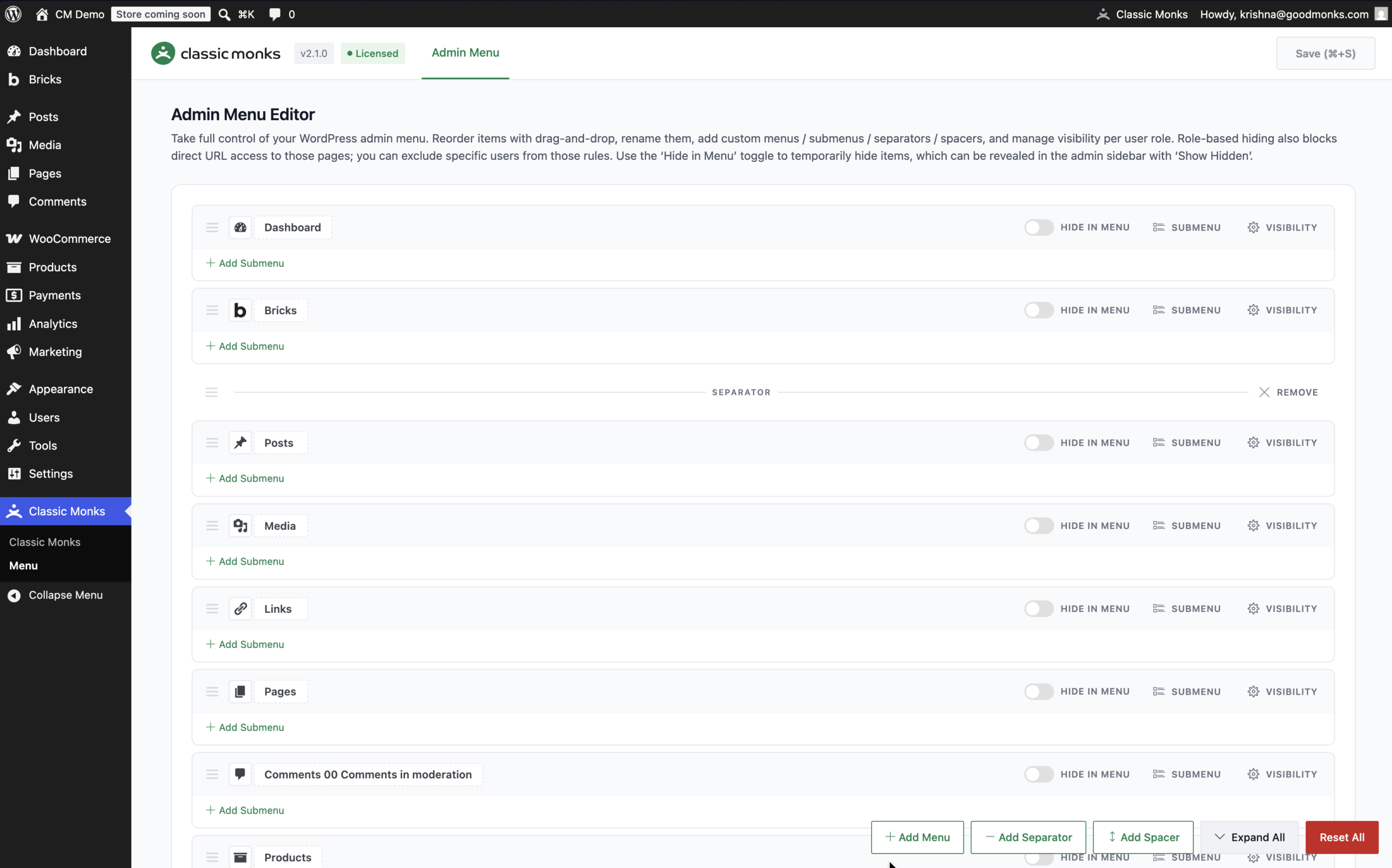 Admin menu editor options