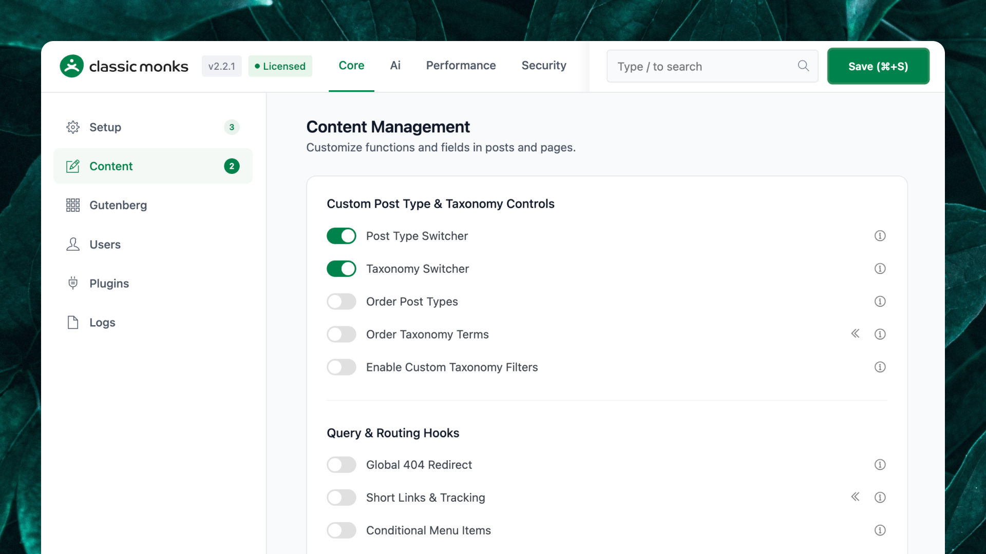 Module manager showing only the enabled features turned on.