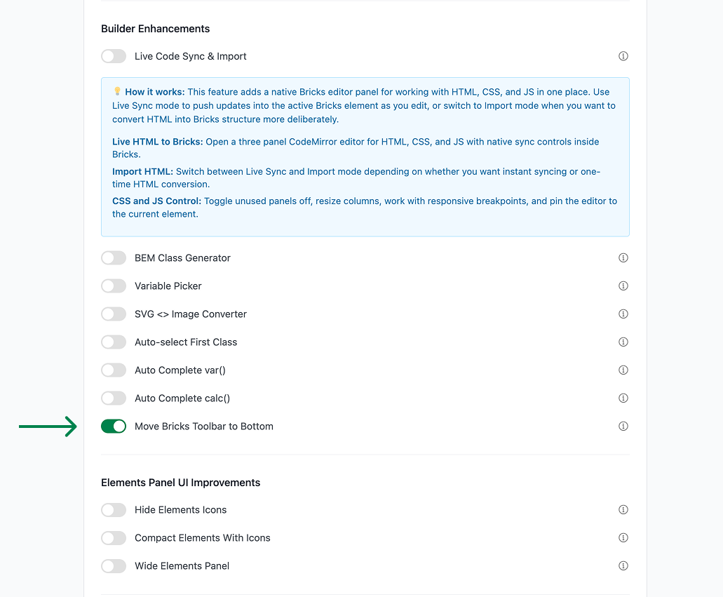 How to Improve the Bricks Builder UI in WordPress: Enhancements Settings panel showing toggle switches for Builder Enhancements and Elements Panel UI Improvements, with "Move Bricks Toolbar to Bottom" enabled.