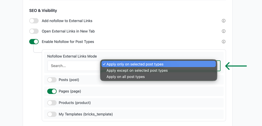 Nofollow external links mode