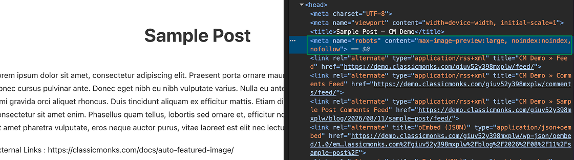 Alt text: Screenshot of a WordPress sample post titled "Sample Post" with placeholder text and a visible URL link.