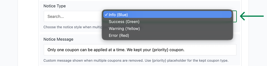 How to Restrict WooCommerce Coupons to One at a Time Select notice type blue