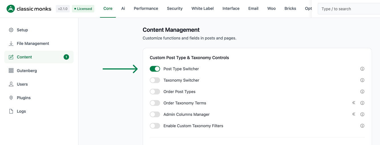How to Use the Post Type Switcher in WordPress Content management settings enabled