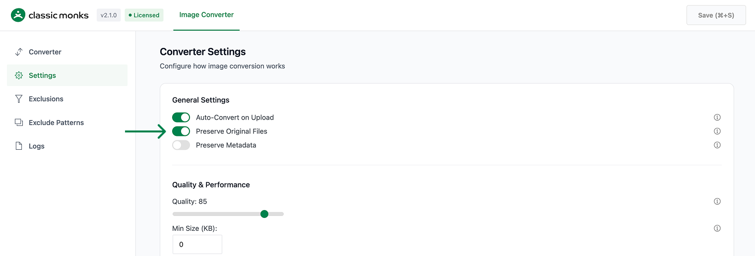 Image converter settings screen
