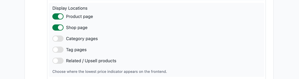 How to Display WooCommerce Price History on Your Store Display locations settings toggles.