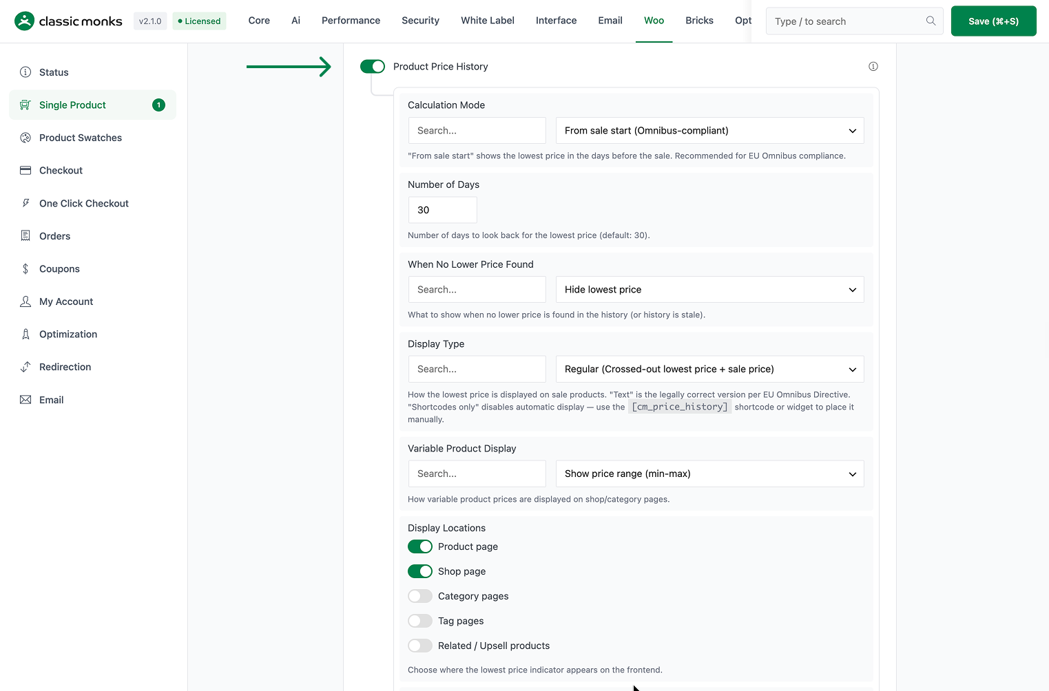 Product price history settings page.