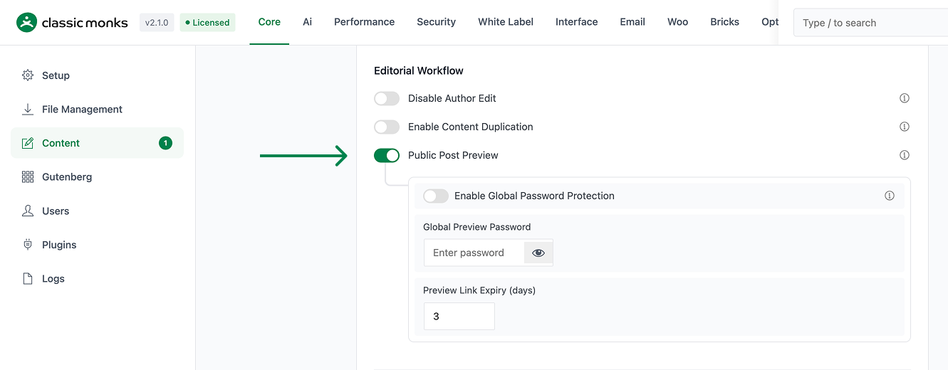 Public post preview toggle.