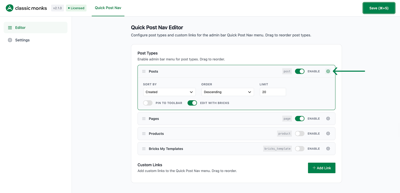 Quick Post Nav editor settings