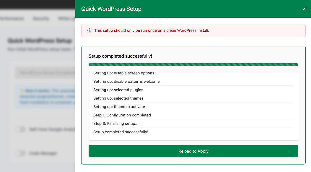 Quick WordPress setup completion screen