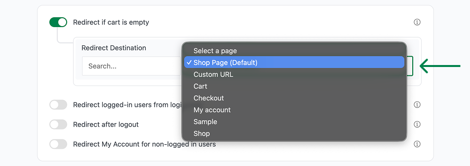 Select shop page redirect destination
