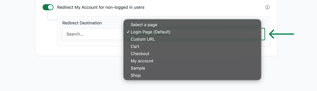 Redirect destination dropdown menu