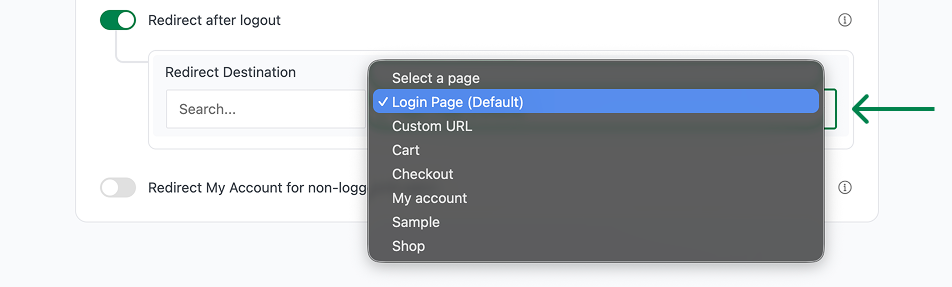 Login page dropdown menu selected