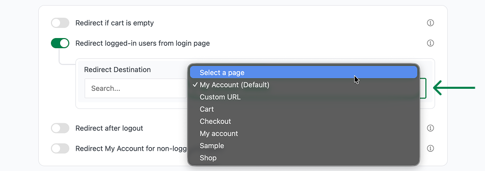 Redirect destination dropdown menu