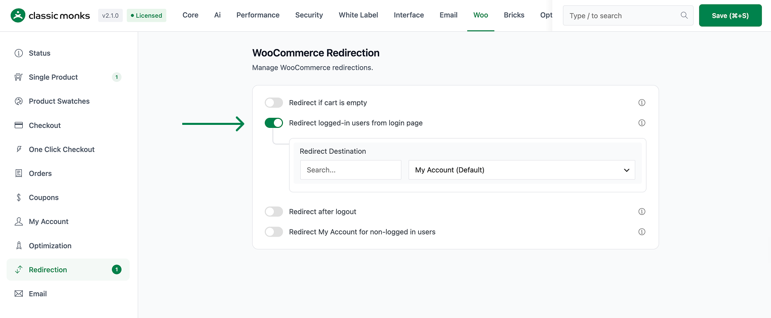 WooCommerce redirection settings.