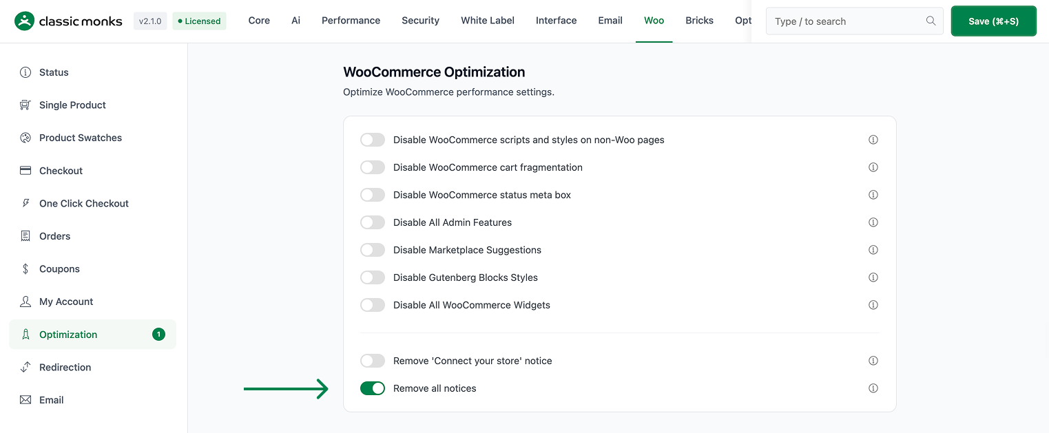 How to Remove All WooCommerce Notices in the Admin WooCommerce optimization settings enabled