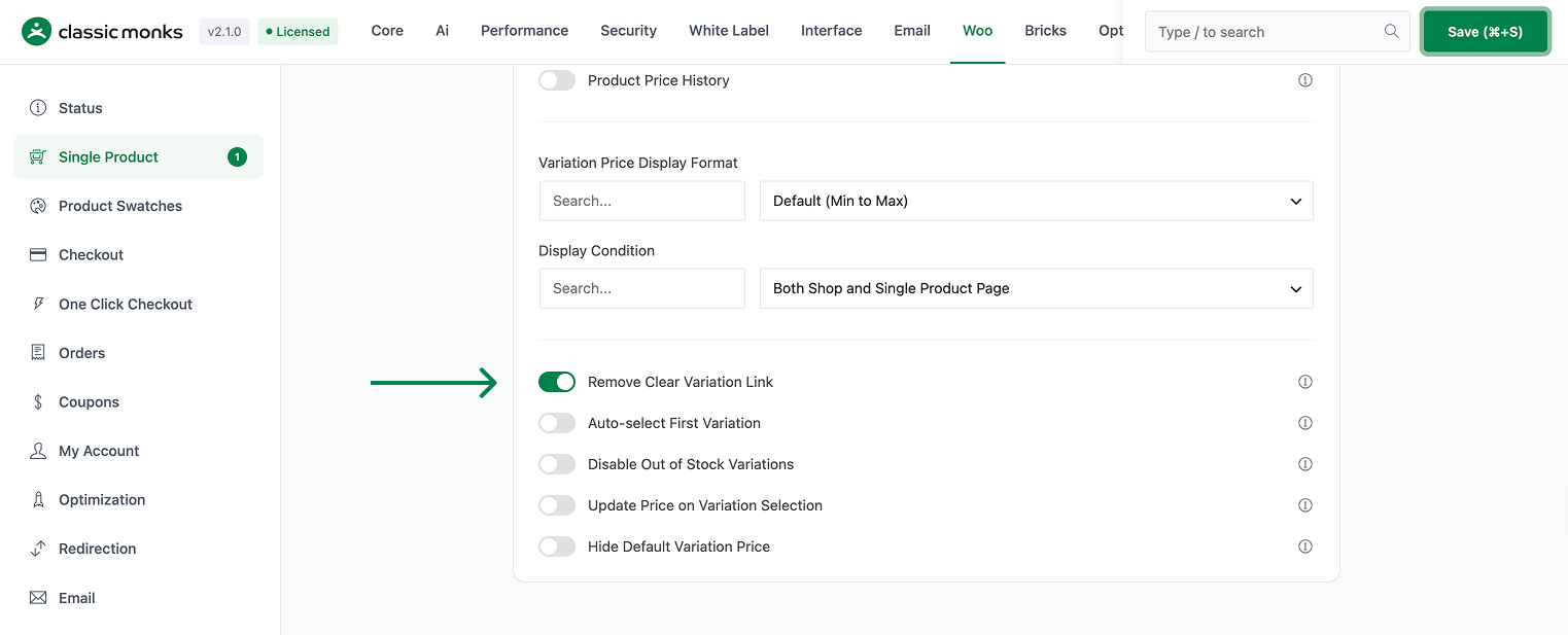 Woo variation settings page